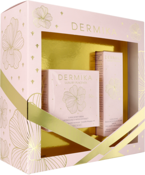 Dermika Luxury Placenta zestaw przeciwzmarszczkowy w różowo-złotym pudełku z okienkiem, widok z ukosa.