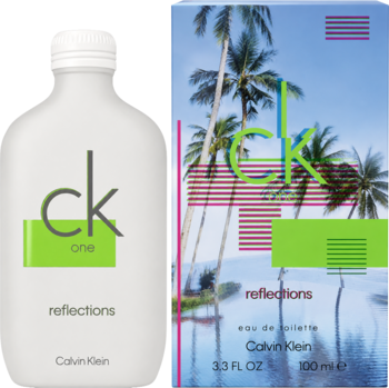 Calvin Klein One Reflections woda toaletowa unisex: biała butelka i pudełko z tropikalnym wzorem, eau de toilette.