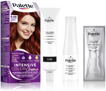 Zestaw farby do włosów Schwarzkopf Palette Intensive Color Creme 6-88 w purpurowym pudełku i tubkach, widok z przodu.