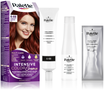Zestaw farby do włosów Schwarzkopf Palette Intensive Color Creme 6-88 w purpurowym pudełku i tubkach, widok z przodu.