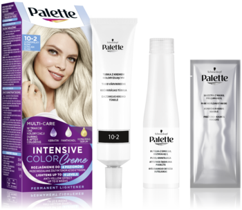 Opakowanie farby Schwarzkopf Palette Intensive Color Creme Lightener 10-2 z blondynką i zestawem do koloryzacji.