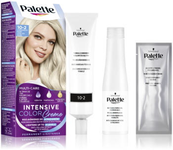 Opakowanie farby Schwarzkopf Palette Intensive Color Creme Lightener 10-2 z blondynką i zestawem do koloryzacji.
