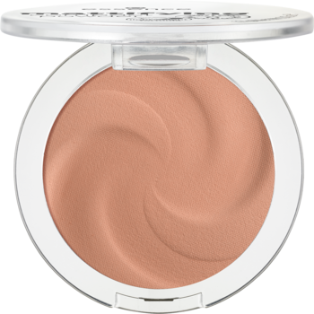 Puder do twarzy Essence Mattifying Compact Powder 02 soft beige. Otwarty biały kompakt z beżowym pudrem w spiralny wzór.