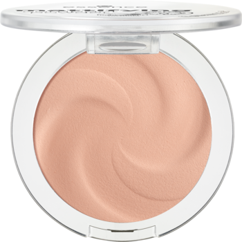 Matujący puder do twarzy Essence 04 Perfect Beige w otwartym białym kompakcie, widok z góry, z beżową spiralą.