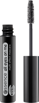 Czarny tusz do rzęs Essence All Eyes On Me multi-effect, tubka otwarta, obok szczoteczka z włosiem.