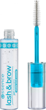 Essence Lash & Brow żel do brwi i rzęs w przezroczystej tubce, z widoczną niebieską szczoteczką aplikatora.