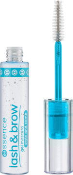 Essence Lash & Brow żel do brwi i rzęs w przezroczystej tubce, z widoczną niebieską szczoteczką aplikatora.
