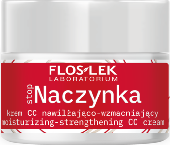 Flos-Lek Stop Naczynka krem CC nawilżająco-wzmacniający w białym słoiczku z czerwoną etykietą, widok z przodu.