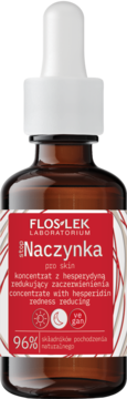 Bursztynowa butelka Flos-Lek Naczynka, koncentrat na zaczerwienienia z hesperydyną, widok z przodu.