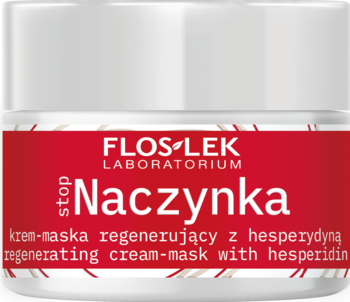 Biały słoiczek Floslek Stop Naczynka, krem-maska regenerujący z hesperydyną, z czerwoną etykietą, widok z przodu.