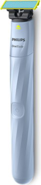 Pionowy Philips OneBlade, jasnoniebieska maszynka do golenia z ergonomicznym uchwytem i żółtym ostrzem, widok z przodu.
