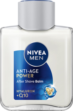 NIVEA MEN Anti-Age Power przeciwzmarszczkowy balsam po goleniu, butelka z niebieską etykietą, przód.