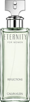 Calvin Klein Eternity Reflections for Women EDP, jasna szklana butelka z zielonkawym płynem, srebrną nakrętką, z przodu.