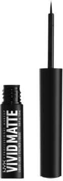 Otwarty, czarny eyeliner NYX Vivid Matte Liquid Liner z widocznym aplikatorem i butelką stojącymi obok siebie.