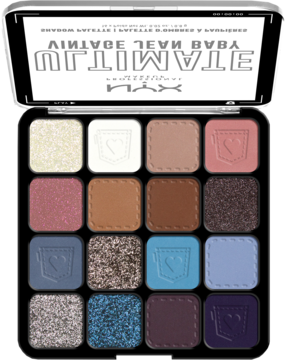 Otwarta paleta cieni NYX Ultimate Vintage Jean Baby, 16 odcieni niebieskiego i brązu, z wytłoczonym dżinsowym wzorem.