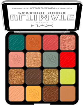 NYX Ultimate Paradise Shock paleta cieni: 16 jaskrawych, tropikalnych kolorów z unikalnymi wytłoczeniami.