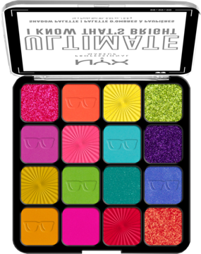 Otwarta paleta cieni NYX Ultimate "I Know That's Bright" z 16 żywymi, neonowymi odcieniami w czarnej kasetce.