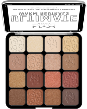 Otwarta czarna paleta NYX Ultimate Warm Neutrals, 16 cieni do powiek w odcieniach nude, z tłoczeniami.