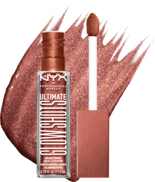 Miedziany NYX Ultimate Glow Shots płynny rozświetlacz z aplikatorem i dużą błyszczącą smugą koloru.