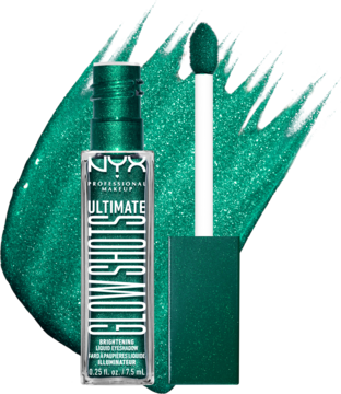 NYX Ultimate Glow Shots, szmaragdowy, błyszczący płynny cień do powiek, butelka i aplikator na tle iskrzącego śladu.