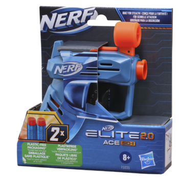 Kompaktowy blaster Nerf Elite 2.0 Ace SD-1 w niebieskim kolorze, w kartonowym pudełku z dwoma strzałkami.