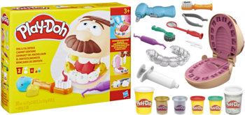 Play-Doh Dr. Drill 'n Fill, żółte opakowanie z dentystą, narzędzia dentystyczne, formy i 6 ciastolin Play-Doh.