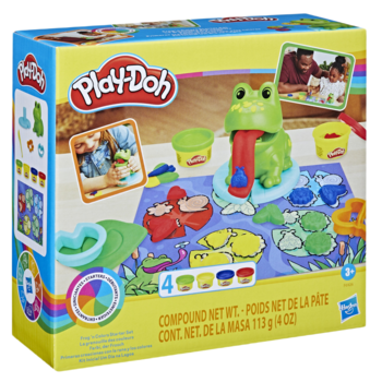 Play-Doh Żaba i Nauka Kolorów, kreatywny zestaw w żółto-zielonym pudełku z zieloną żabą i 4 ciastolinami.