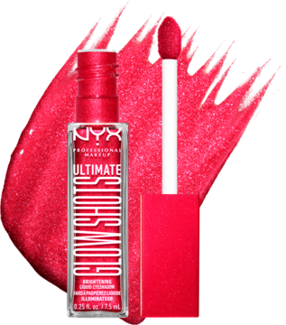 NYX Ultimate Glow Shots w intensywnej czerwieni, widok z przodu, z aplikatorem i błyszczącą smugą.