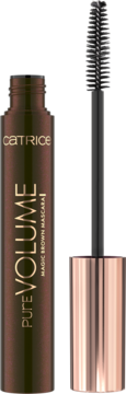Ciemnobrązowa maskara Catrice Pure Volume Magic Brown z wyjętą szczoteczką, widok z przodu.