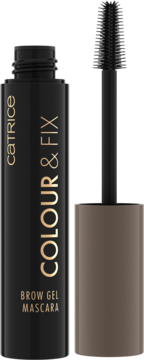 Otwarta czarna maskara Catrice Colour & Fix Brow Gel z silikonową szczoteczką na szarym tle.