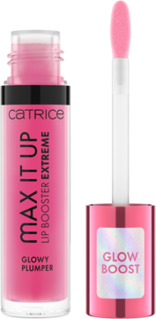 Różowy błyszczyk CATRICE Max It Up Lip Booster Extreme w tubce z wyjętym aplikatorem.