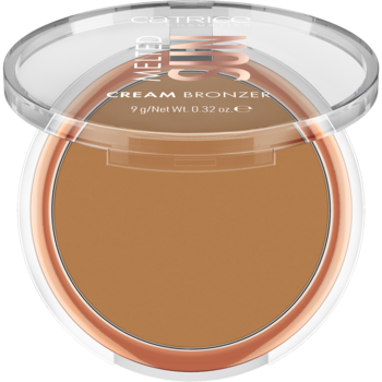 Bronzer w kremie CATRICE Melted Sun, brązowy, w okrągłym kompakcie z przezroczystą pokrywką, widok z góry.