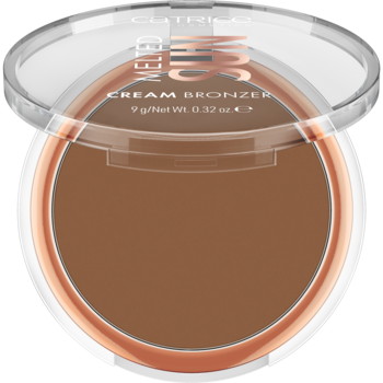 Bronzer w kremie Catrice Melted Sun, okrągłe opakowanie z brązowym wkładem i otwartą, przezroczystą pokrywką. Widok z góry.