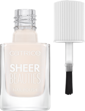 CATRICE Sheer Beauties, udoskonalający lakier do paznokci nude w szklanej butelce, obok widoczny biały pędzelek.