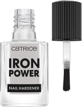 Utwardzacz do paznokci CATRICE Iron Power w przezroczystej butelce z czarną etykietą, pędzelek z boku.