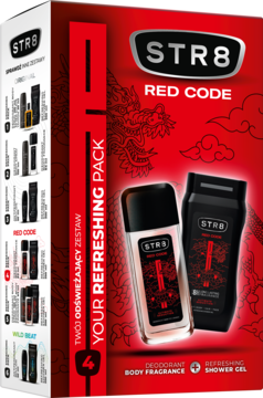 STR8 Red Code męski zestaw kosmetyków: czerwone pudełko z dezodorantem i żelem pod prysznic, widok z przodu.