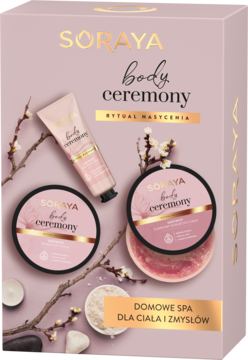 Zestaw Soraya Body Ceremony SPA w różowym pudełku, krem do rąk i dwa słoiczki, z dekoracją kwiatową, widok frontalny.
