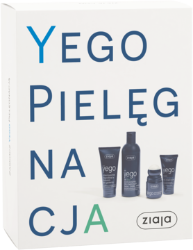 Ziaja Yego męski zestaw kosmetyków w białym pudełku z niebieskim napisem i miniaturami produktów, widok z przodu.