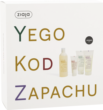 Biały zestaw Ziaja Yego Kod Zapachu z dużymi kolorowymi literami i grafiką 4 kosmetyków. Widok z przodu.