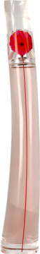Flower by Kenzo Poppy Bouquet: wysoka, smukła butelka perfum z bladoróżowym płynem i czerwonym makiem na górze.