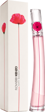 Flower by Kenzo Poppy Bouquet woda perfumowana: różowa butelka i białe opakowanie z czerwonym makiem, widok z przodu.