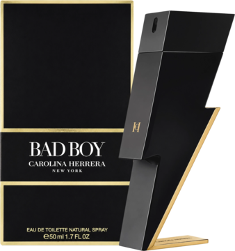 Zapach męski Bad Boy Carolina Herrera, czarna butelka-błyskawica ze złotym spodem obok czarnego pudełka EDT 50ml.