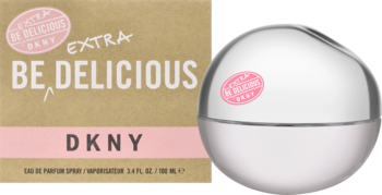 DKNY Be Extra Delicious woda perfumowana. Widok: brązowe pudełko obok białej, kulistej butelki z różową etykietą.