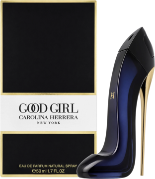 Perfumy Good Girl Carolina Herrera, flakon w kształcie granatowej szpilki ze złotym obcasem, obok czarne pudełko.