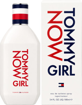 Tommy Girl NOW woda toaletowa 100ml: biała butelka i pudełko z pionowym napisem, widok z przodu.