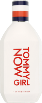 Biała butelka perfum Tommy Hilfiger Tommy Girl NOW, z czerwonym napisem i paskami na szyjce, widok z przodu.