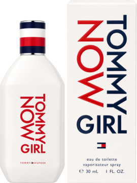 Damska woda toaletowa Tommy Girl NOW. Biała butelka i pudełko z czerwono-niebieskimi napisami, widok z przodu.