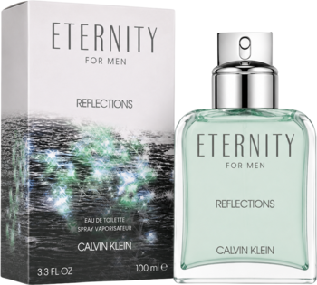 CK Eternity Reflections, woda toaletowa: zielona butelka 100ml obok ciemnego pudełka z refleksem wody.
