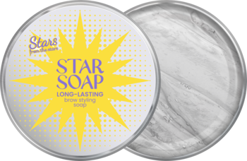 Dwa okrągłe opakowania mydła do brwi Stars STAR SOAP: jedno zamknięte z żółtą etykietą, drugie z marmurowym wnętrzem.
