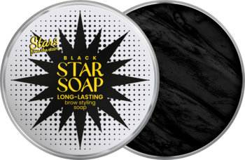 Stars from the stars Black Star Soap, otwarte czarne mydełko do brwi, obok biała pokrywka z czarną gwiazdą.